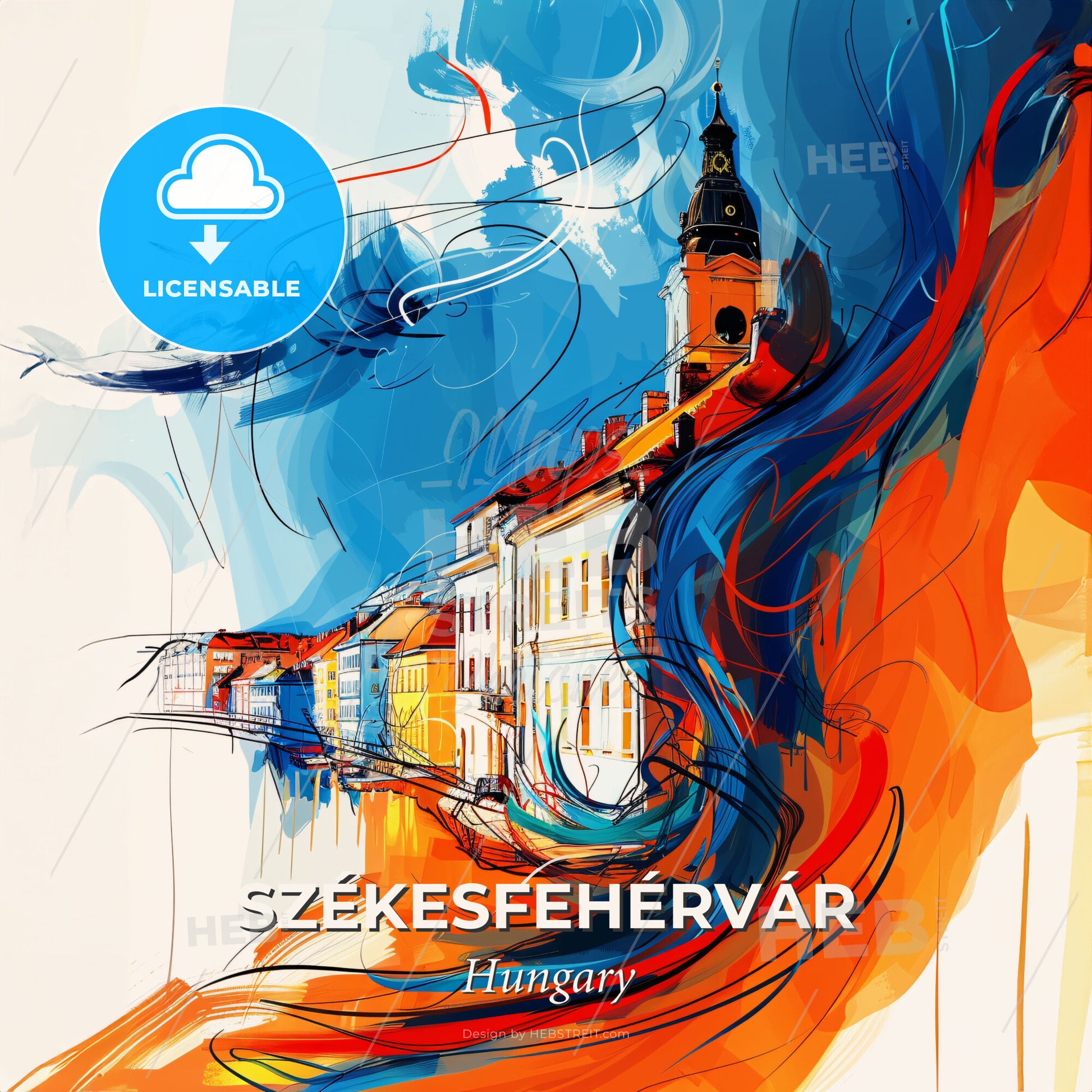 Vibrant Székesfehérvár, Hungary - A Painting Of A Building With A Tower And A Fire - Square format print template