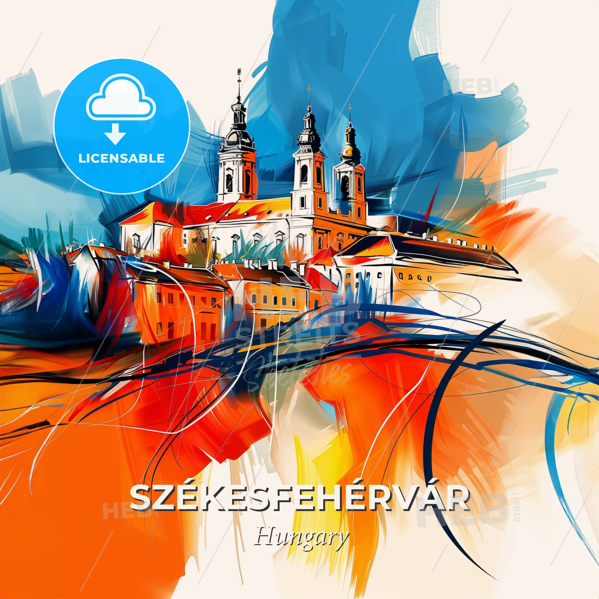 Vibrant Székesfehérvár, Hungary - A Painting Of A Building With Towers And A Colorful Background - Square format print template