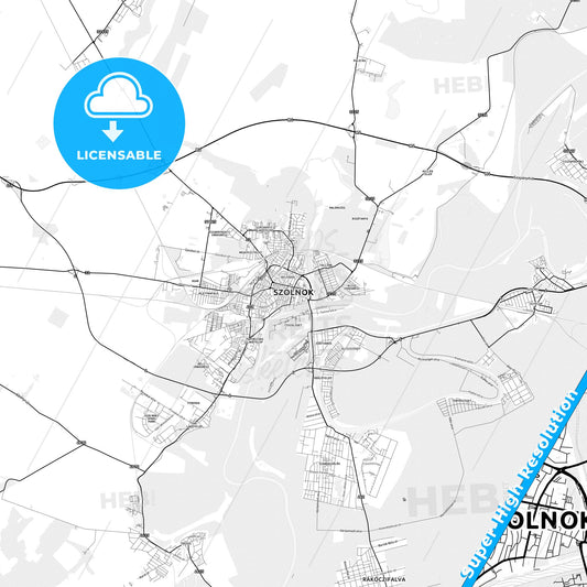 Szolnok, Hungary light map with streetnames, citynames and districts