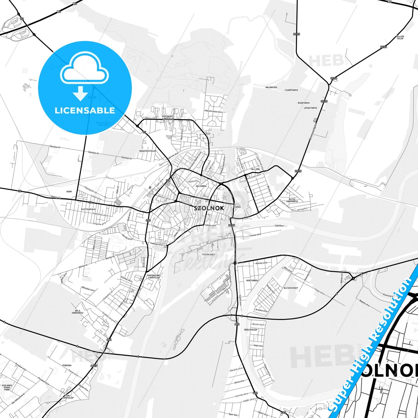 Szolnok, Hungary Light Map with Street Names, City Names, and Districts