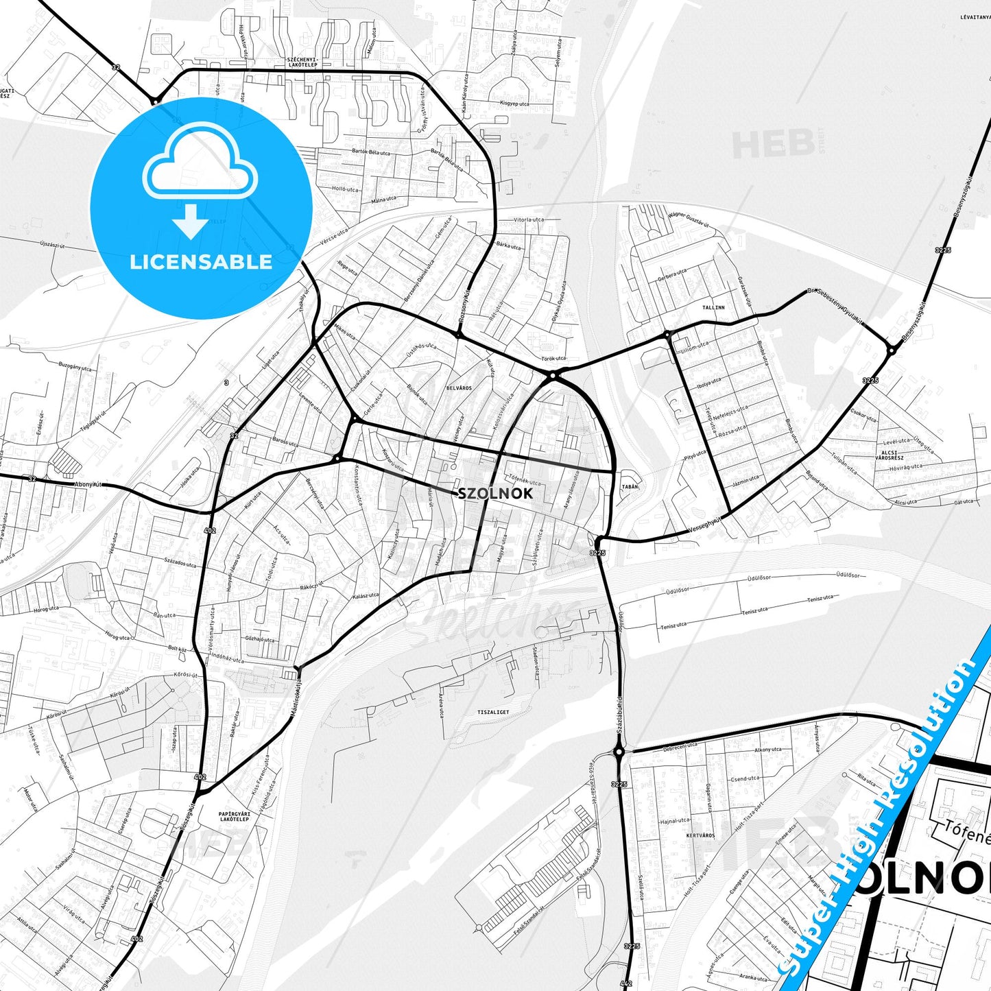 Szolnok, Hungary Light Map with Street Names, City Names, and Districts
