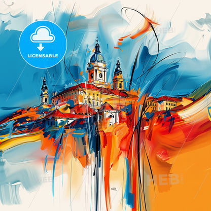 Vibrant Szolnok, Hungary - A Painting Of A Building With Towers And A Blue Sky