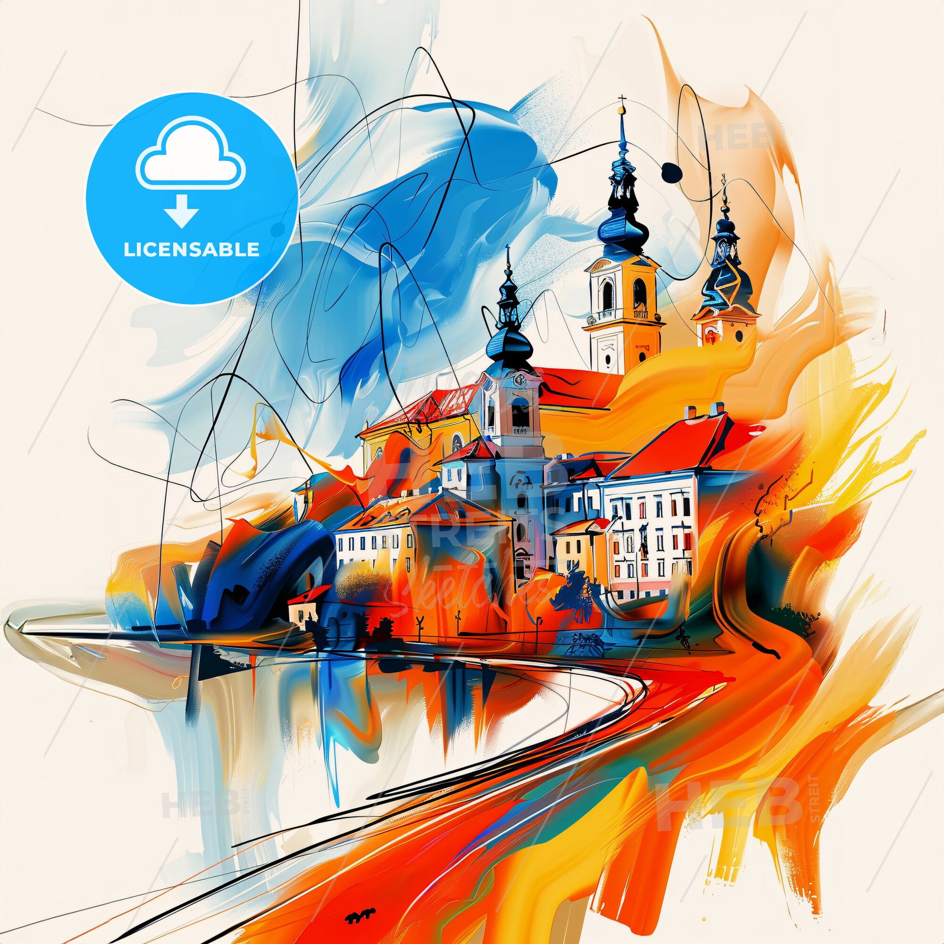 Vibrant Szolnok, Hungary - A Painting Of A Town With Buildings And A River