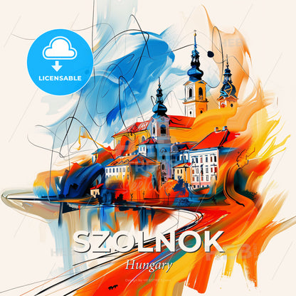 Vibrant Szolnok, Hungary - A Painting Of A Town With Buildings And A River - Square format print template