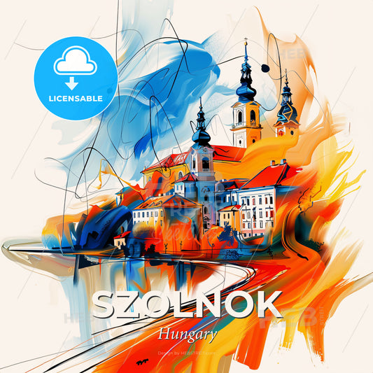 Vibrant Szolnok, Hungary - A Painting Of A Town With Buildings And A River - Square format print template