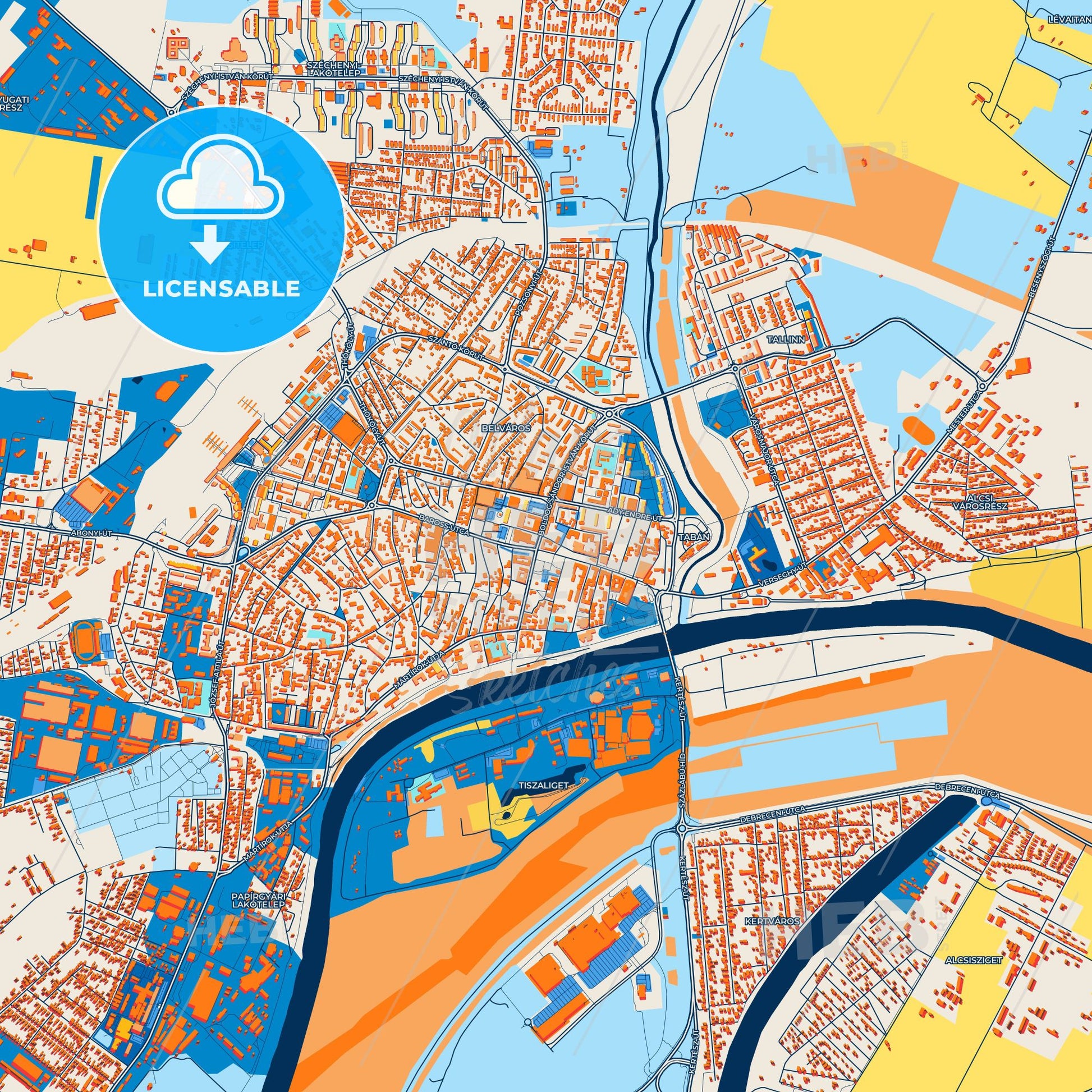 Colorful Szolnok Street Map with Labels and Buildings