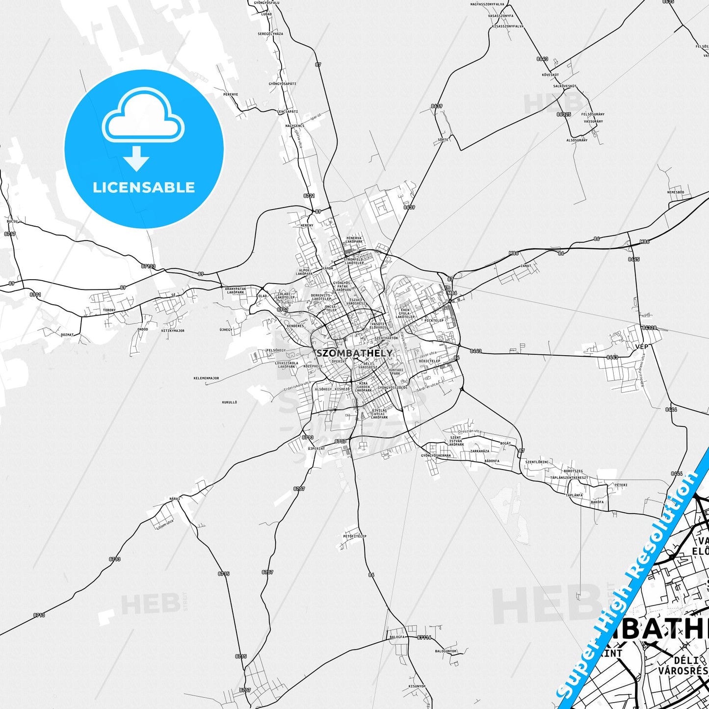 Szombathely, Hungary light map with streetnames, citynames and districts