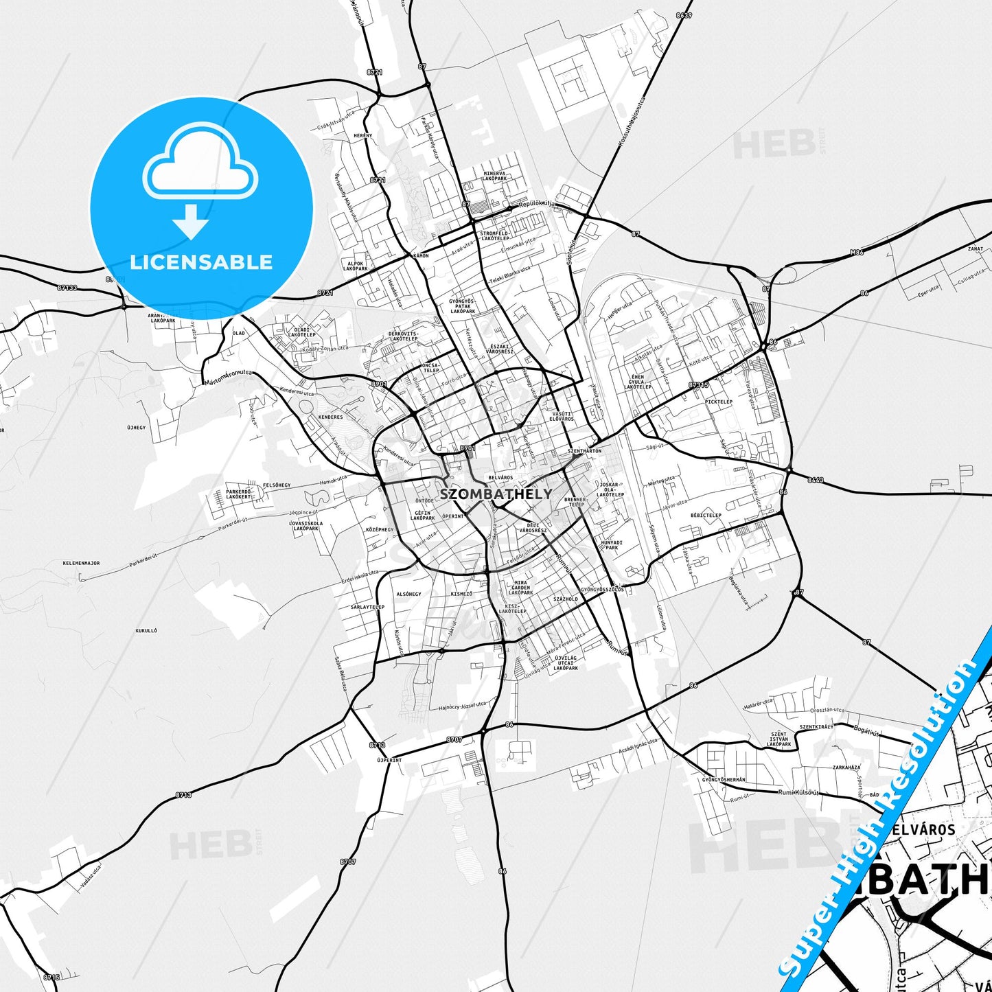 Szombathely, Hungary Light Map with Street Names, City Names, and Districts