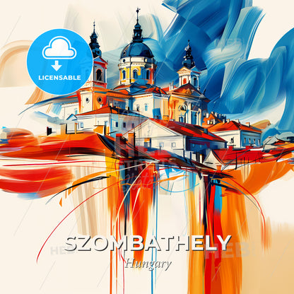 Vibrant Szombathely, Hungary - A Painting Of A Building With A Blue And Red Background - Square format print template