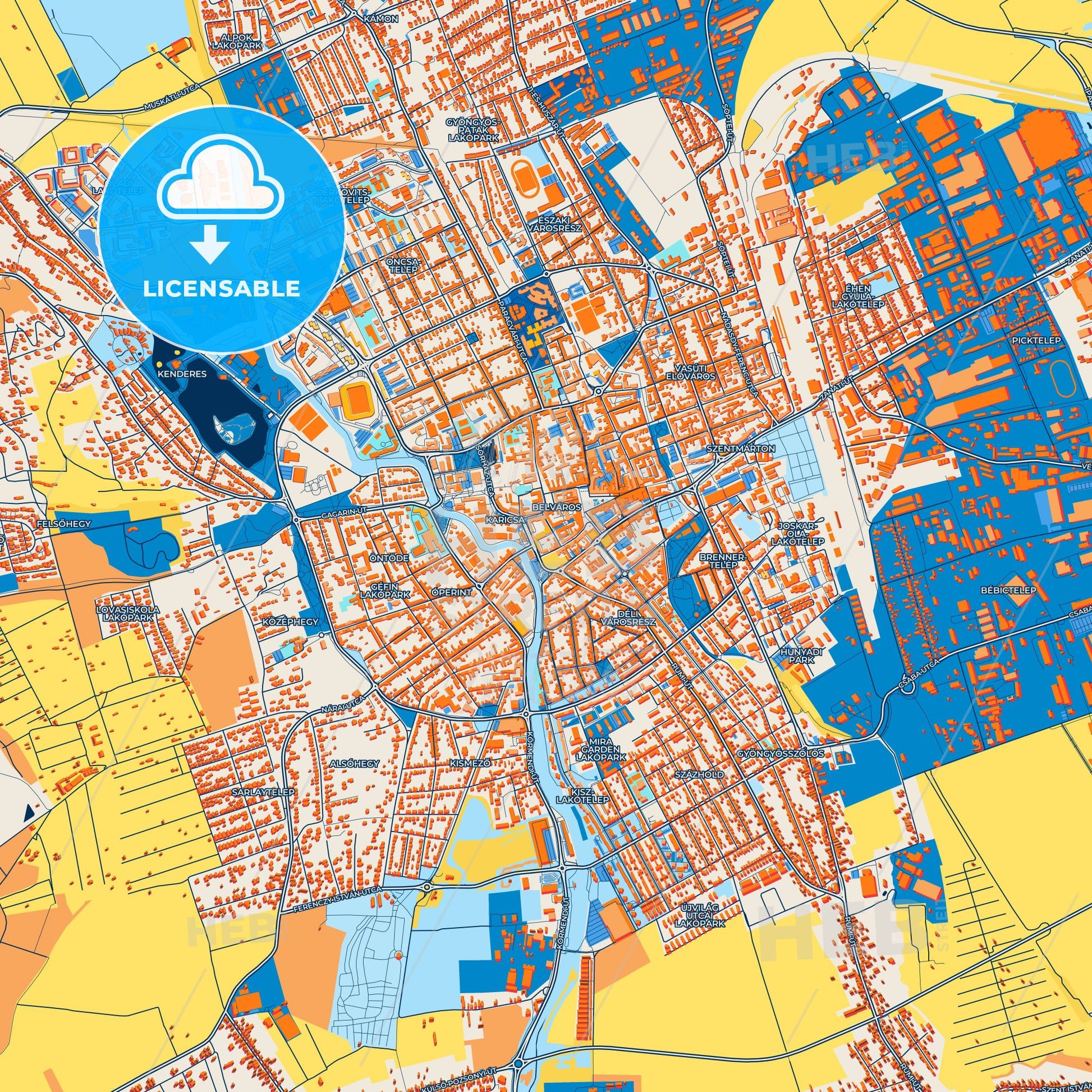 Colorful Szombathely Street Map with Labels and Buildings