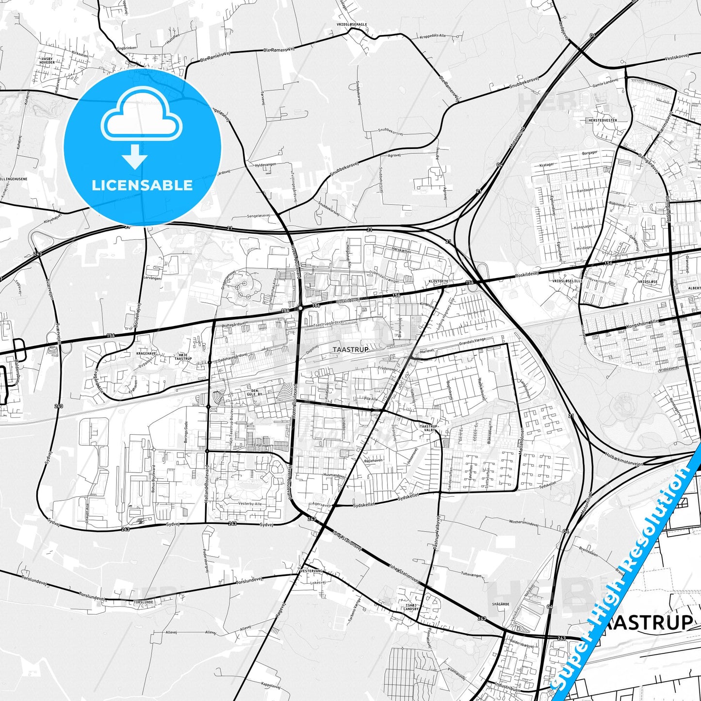 Taastrup, Denmark Light Map with Street Names, City Names, and Districts