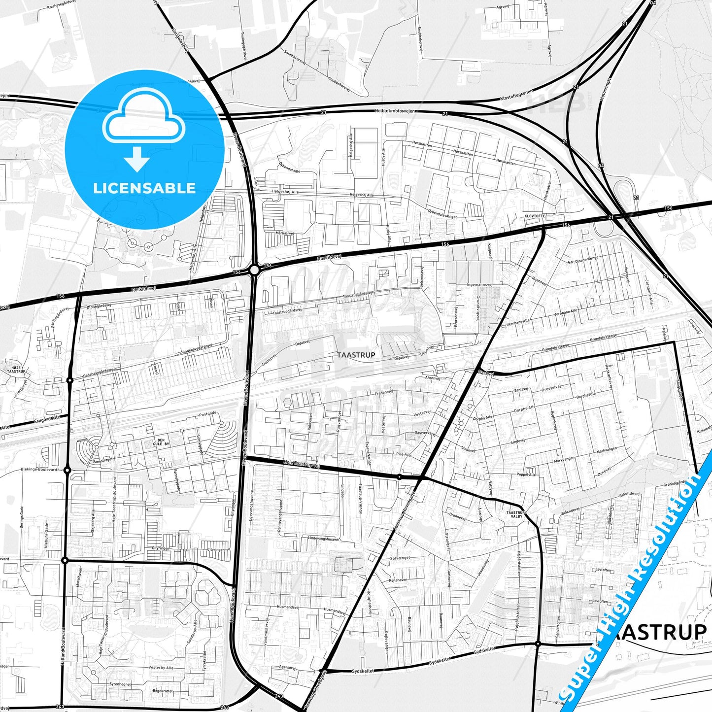 Taastrup, Denmark Light Map with Street Names, City Names, and Districts