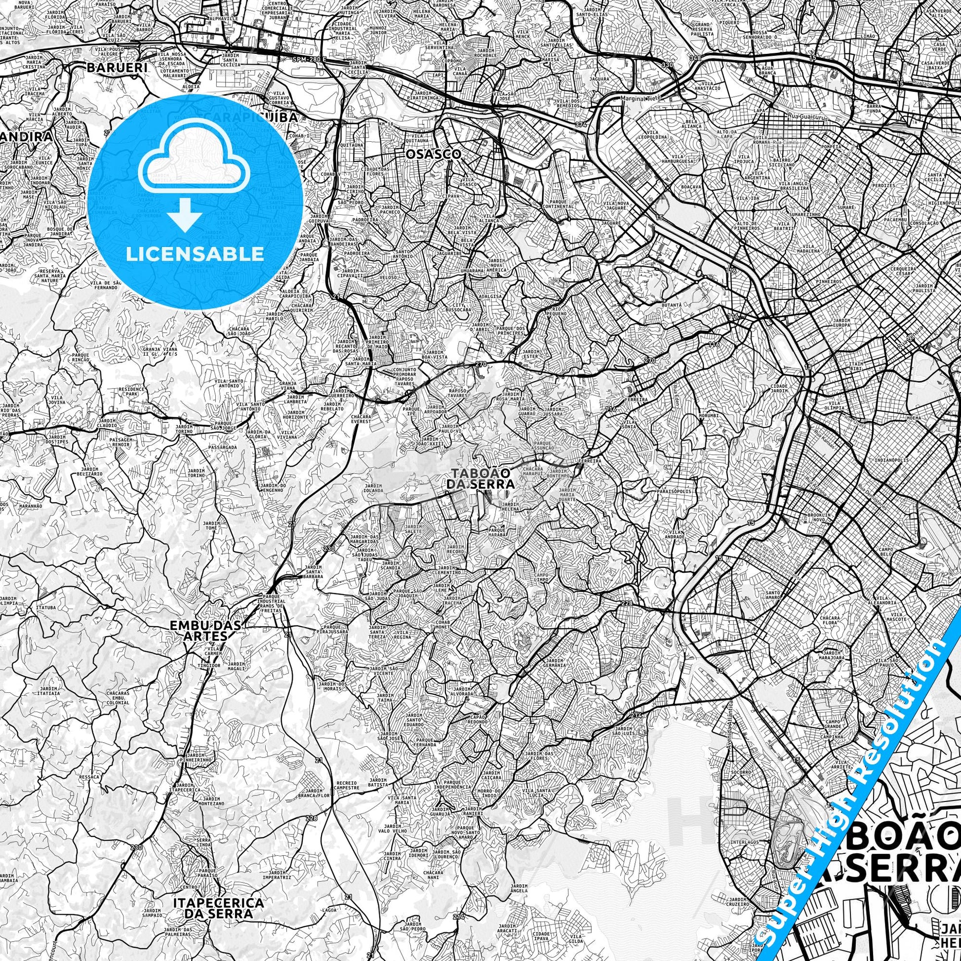 Taboao da Serra, Brazil light map with streetnames, citynames and districts