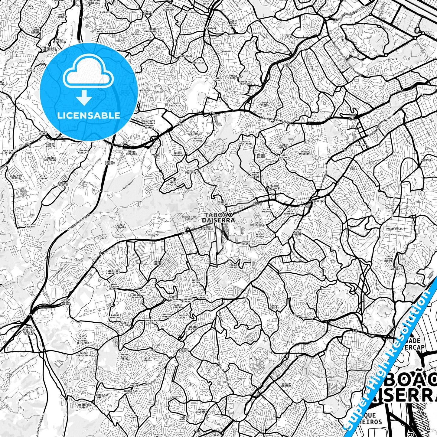 Taboao da Serra, Brazil Light Map with Street Names, City Names, and Districts