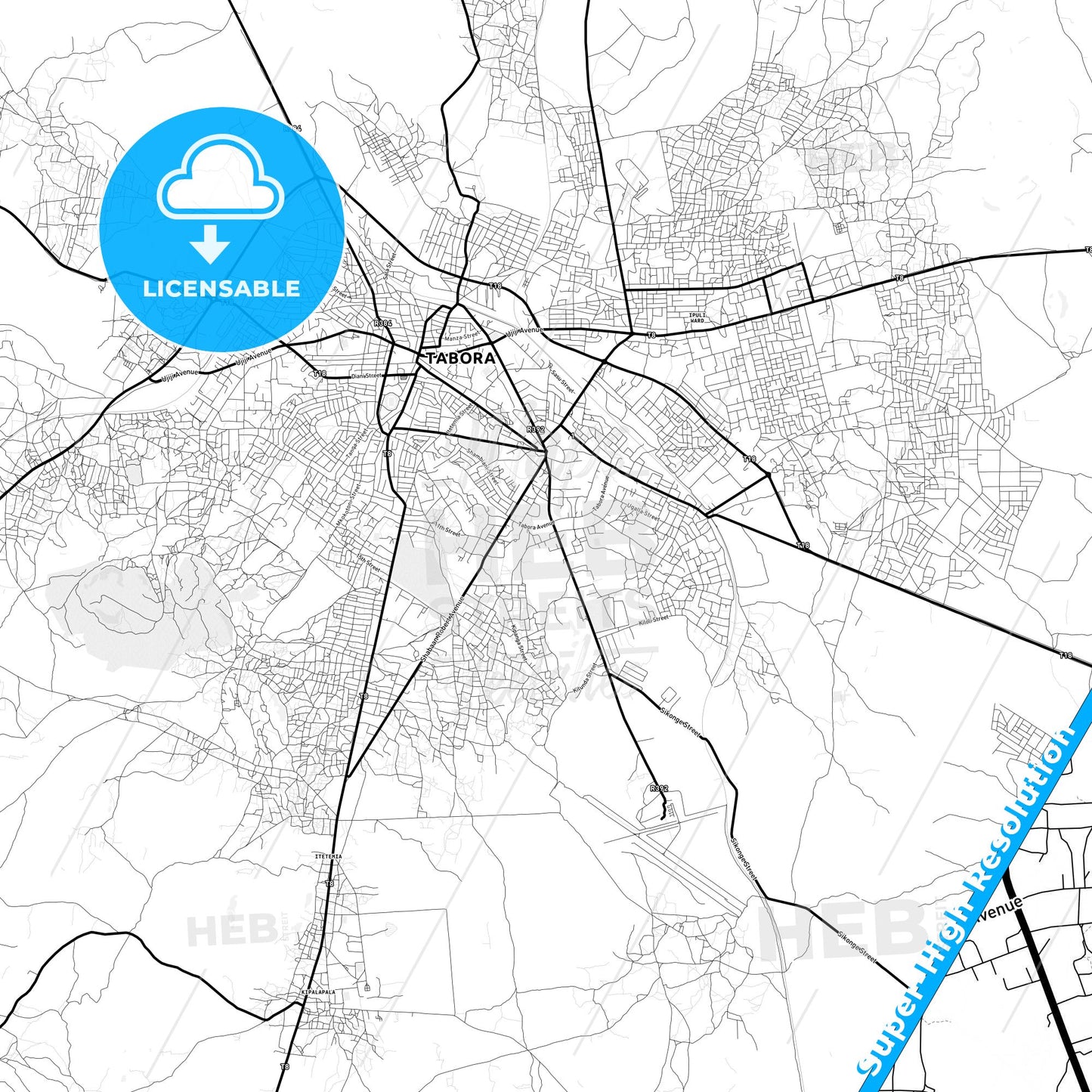 Tabora, Tanzania Light Map with Street Names, City Names, and Districts