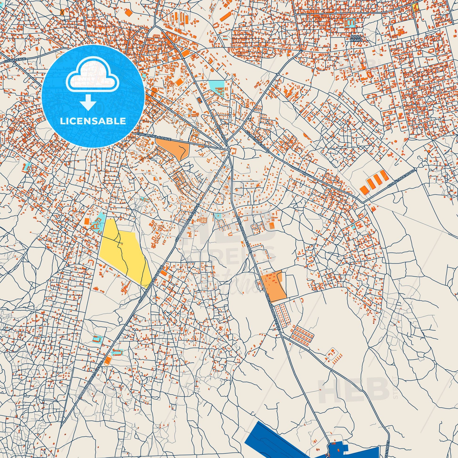 Colorful Tabora Street Map with Labels and Buildings