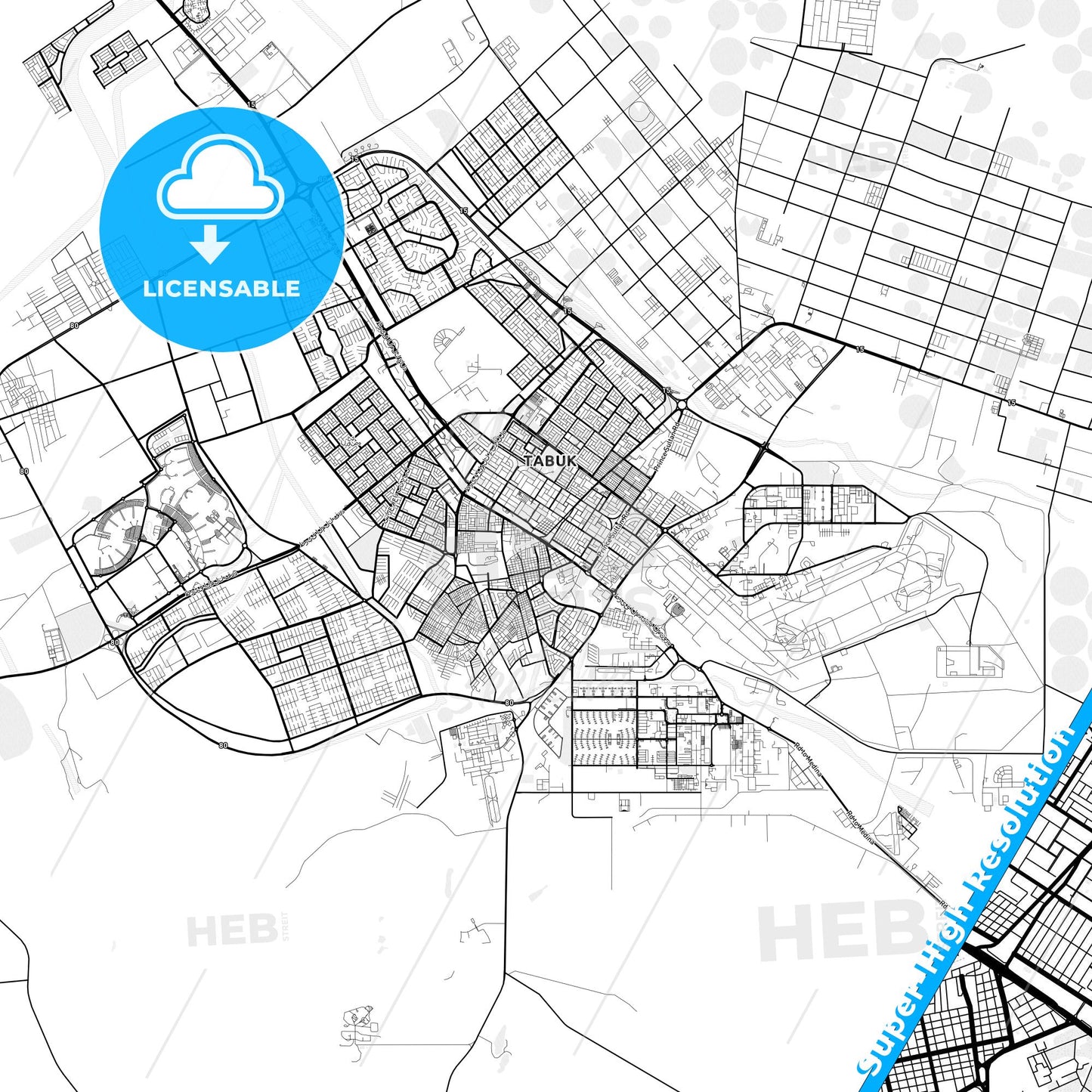 Tabuk, Saudi Arabia light map with streetnames, citynames and districts