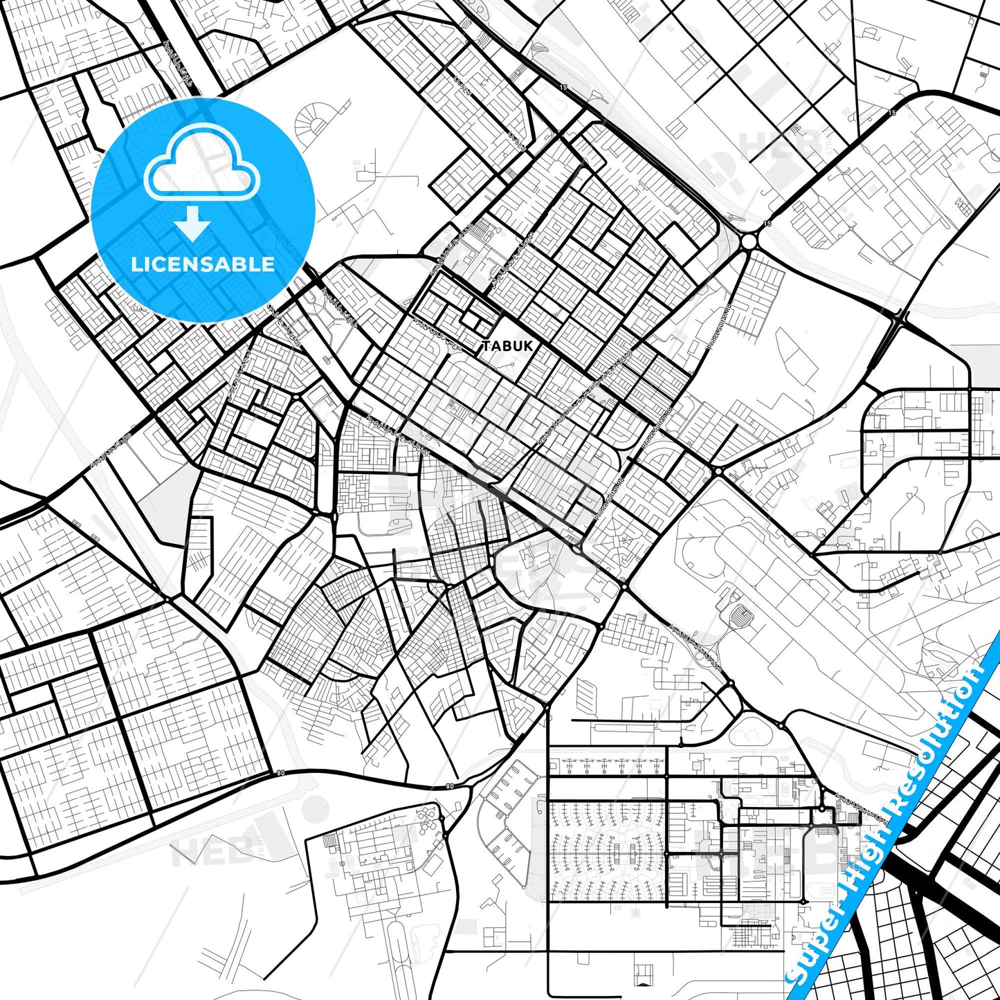 Tabuk, Saudi Arabia Light Map with Street Names, City Names, and Districts