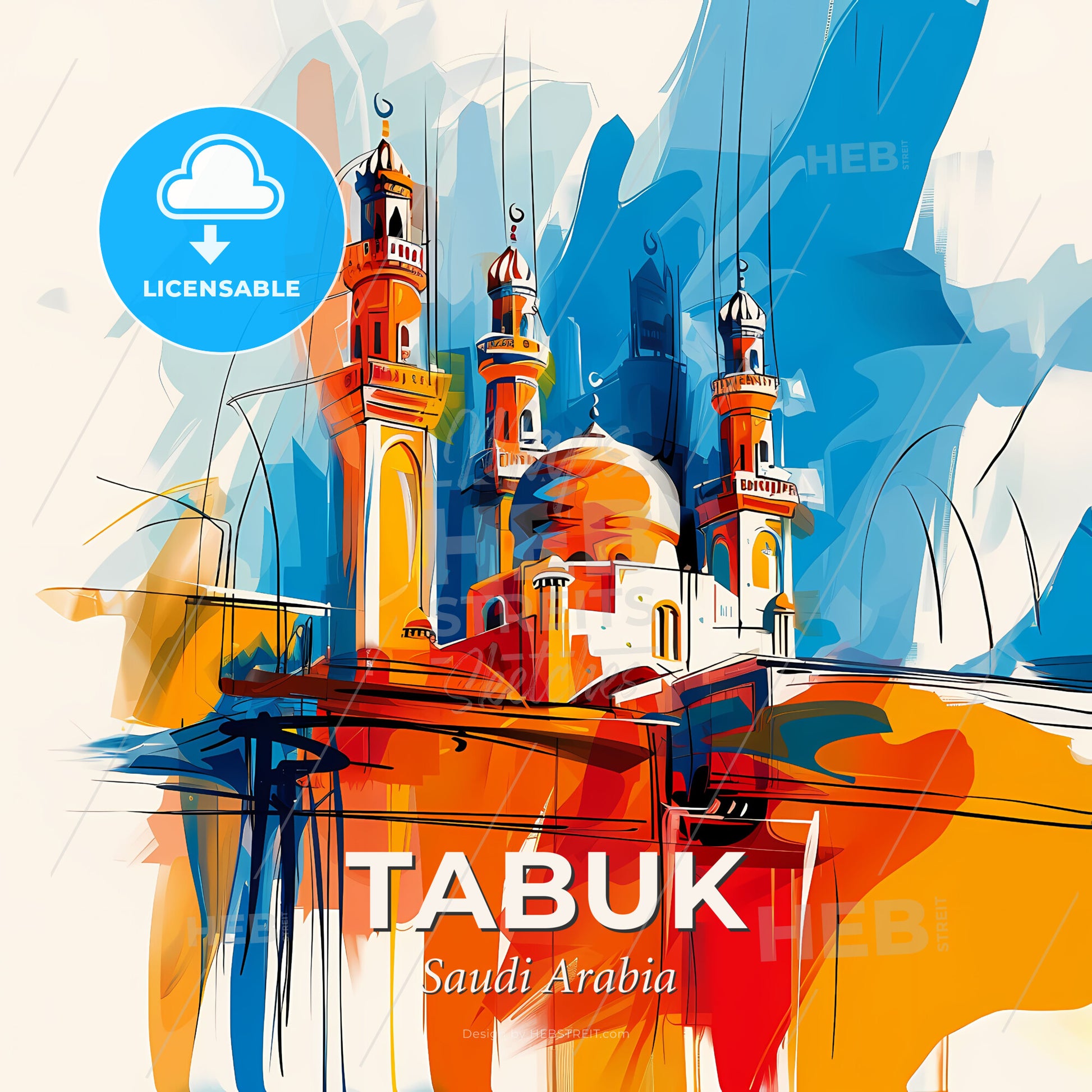 Vibrant Tabuk, Saudi Arabia - A Painting Of A Building With Towers - Square format print template