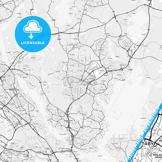 Täby, Sweden light map with streetnames, citynames and districts