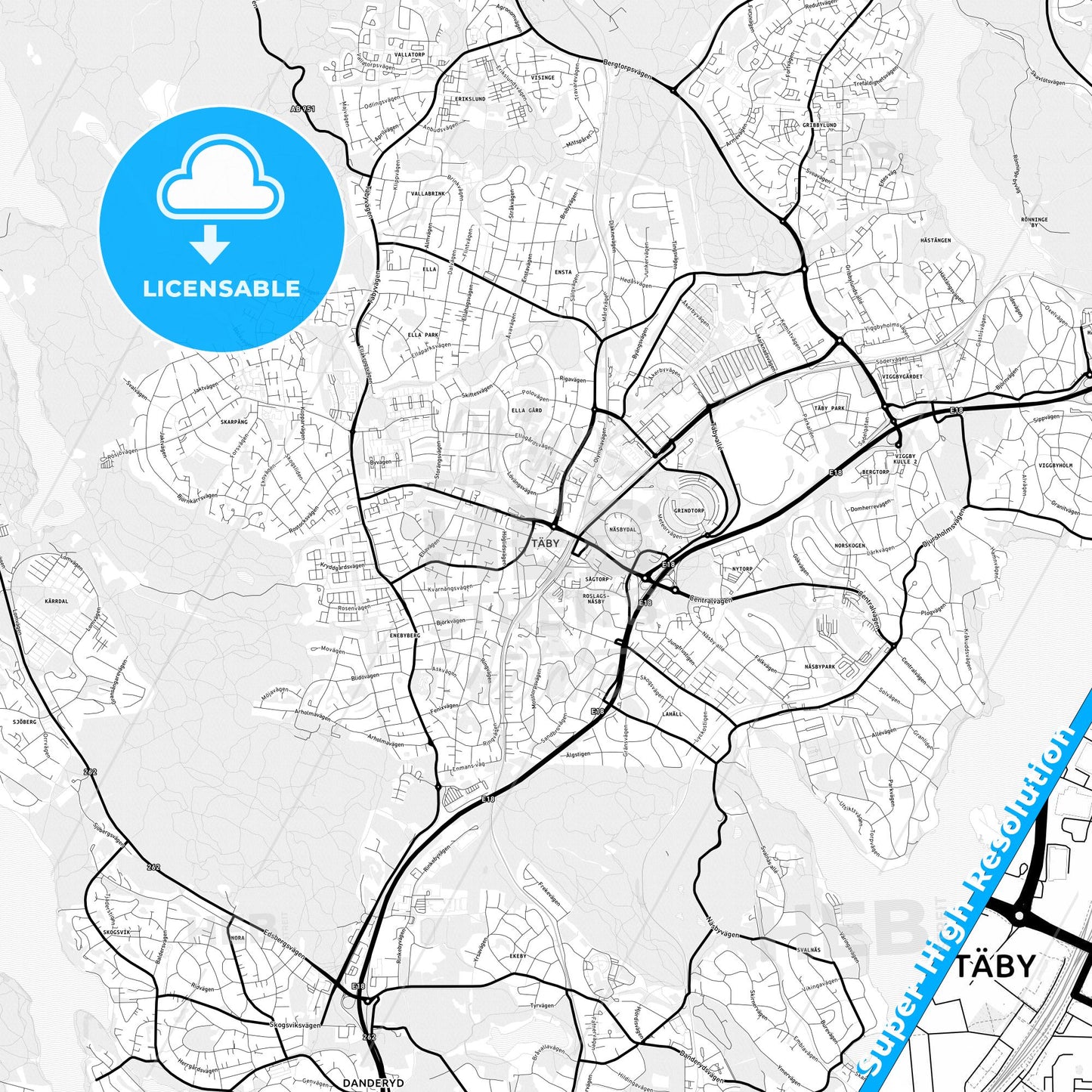 Täby, Sweden Light Map with Street Names, City Names, and Districts