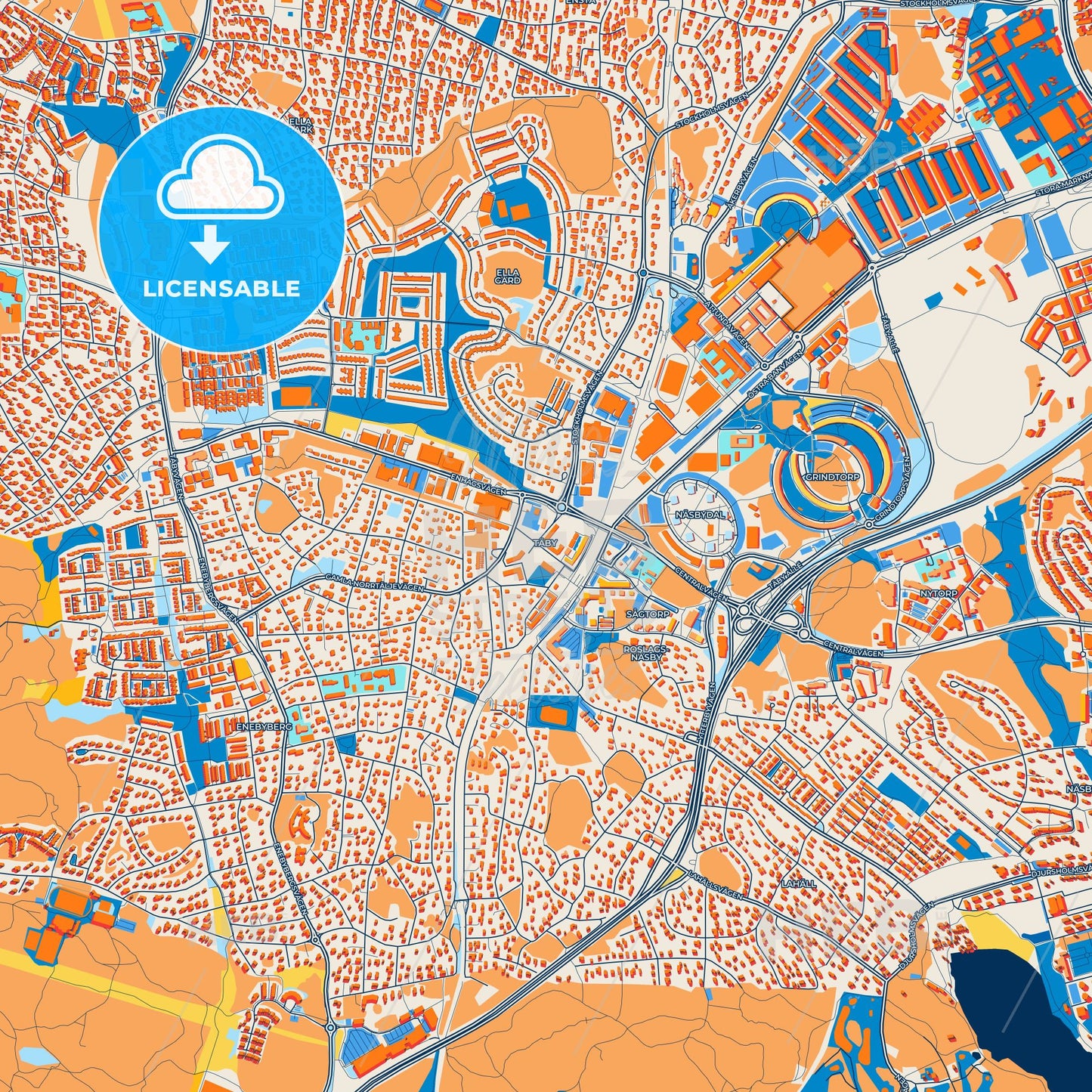 Colorful Täby Street Map with Labels and Buildings