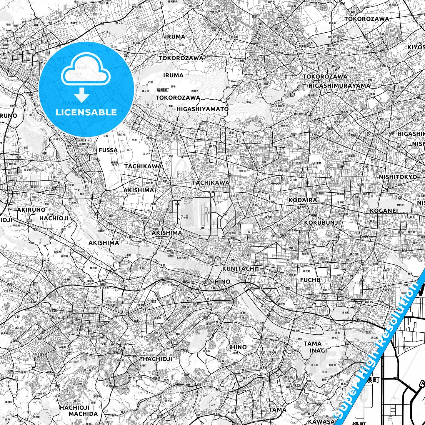 Tachikawa, Japan light map with streetnames, citynames and districts