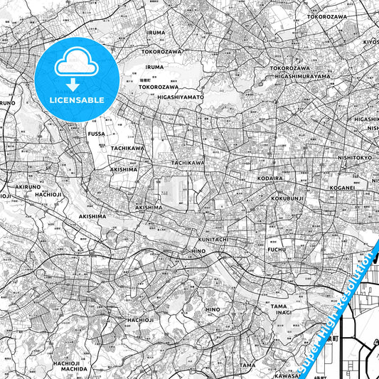 Tachikawa, Japan light map with streetnames, citynames and districts