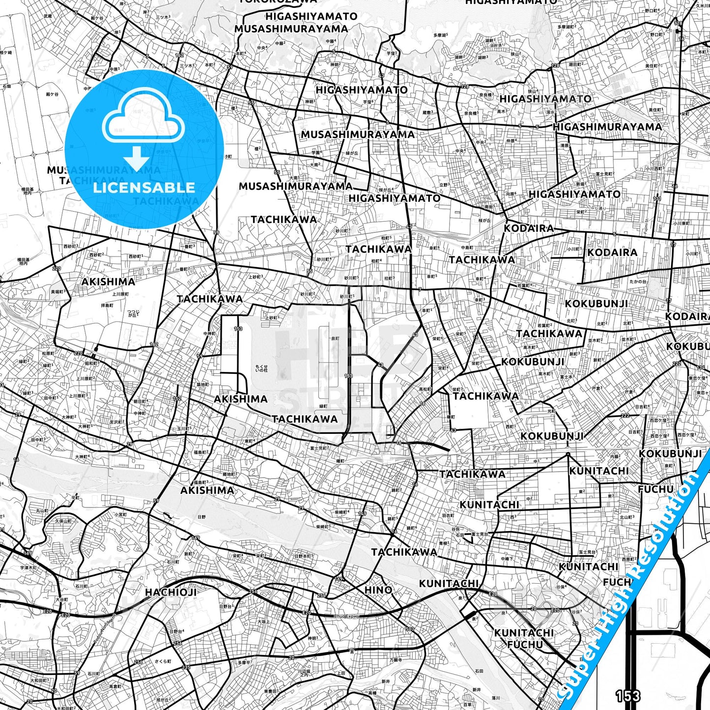 Tachikawa, Japan Light Map with Street Names, City Names, and Districts