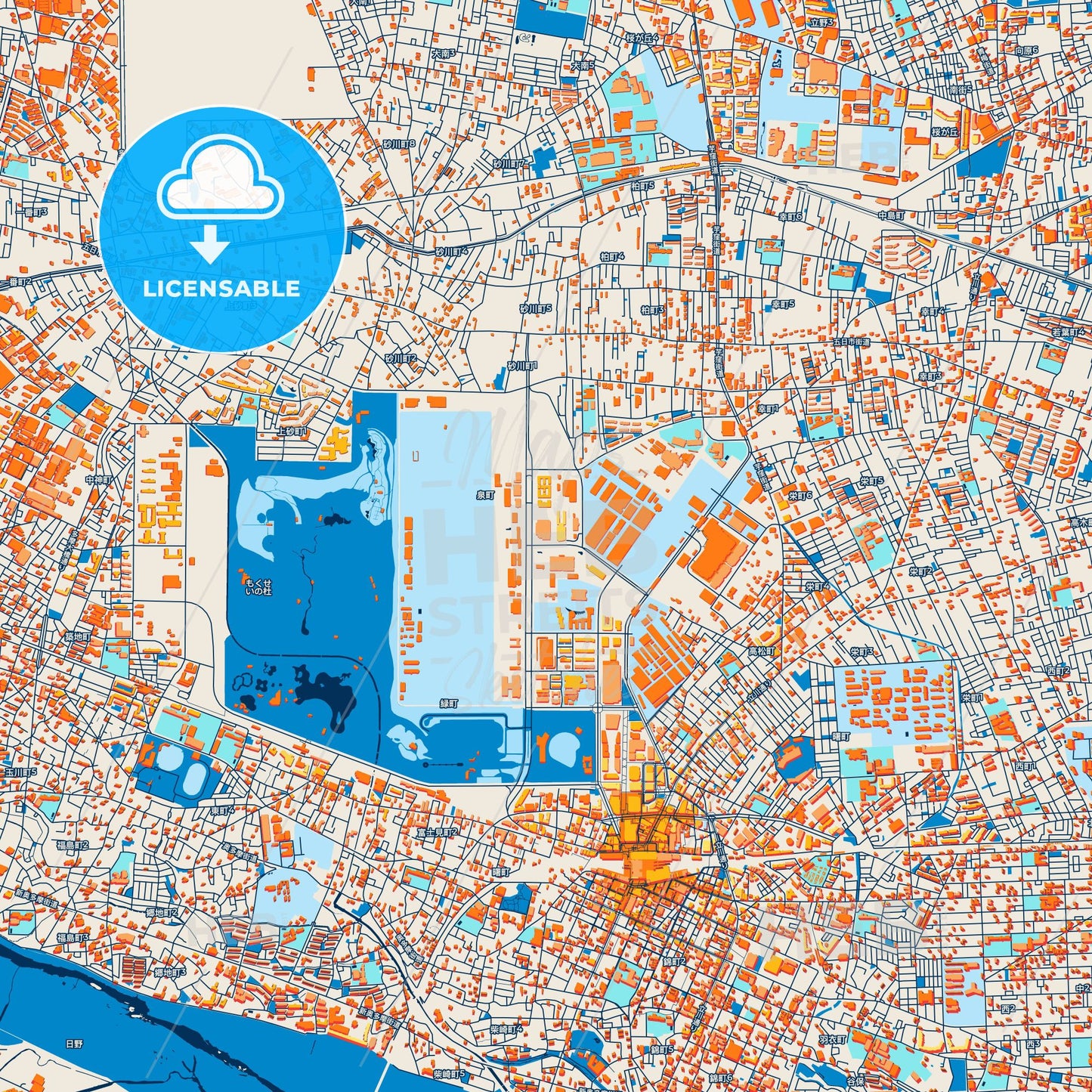 Colorful Tachikawa Street Map with Labels and Buildings