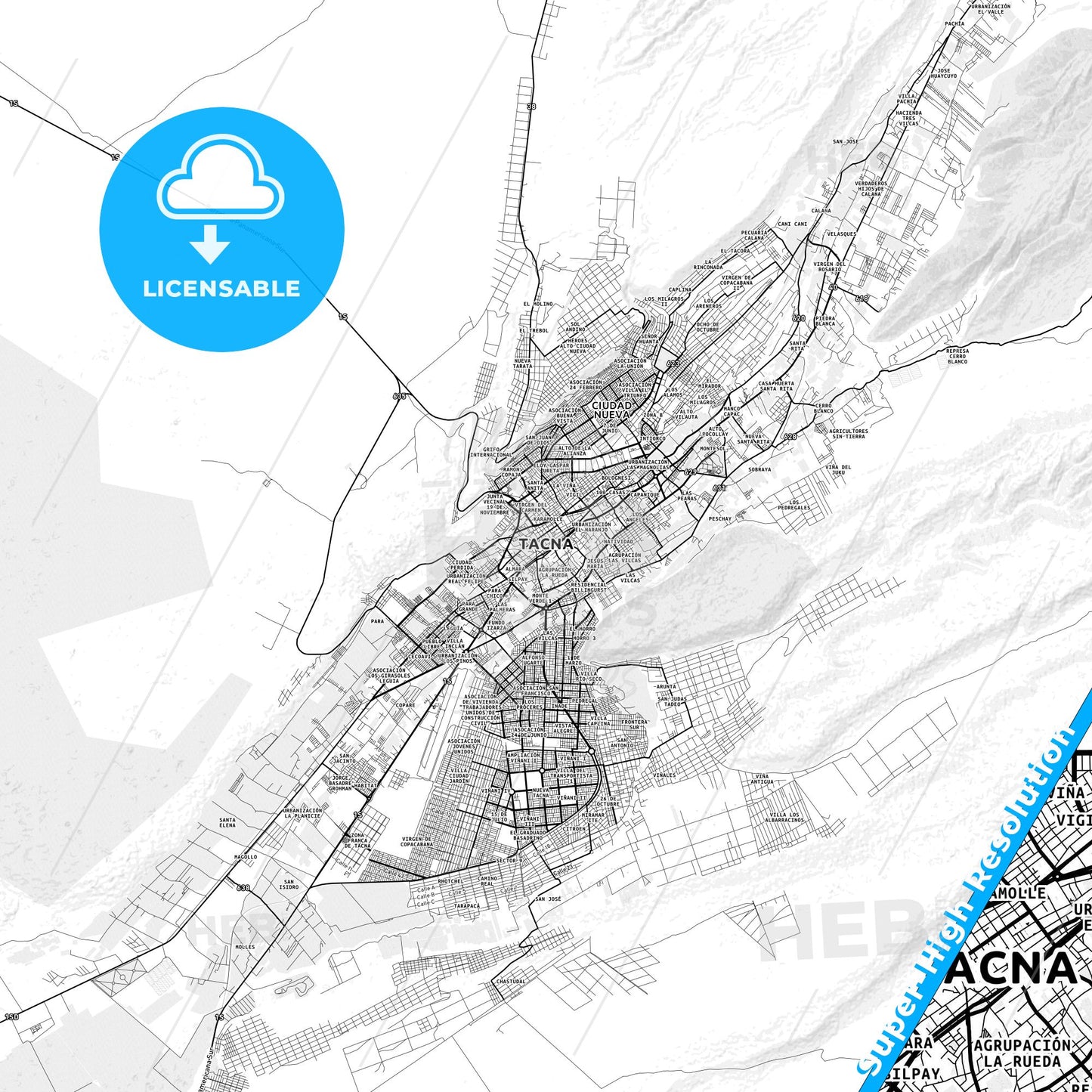 Tacna, Peru light map with streetnames, citynames and districts