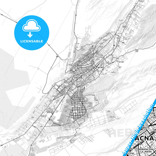 Tacna, Peru light map with streetnames, citynames and districts