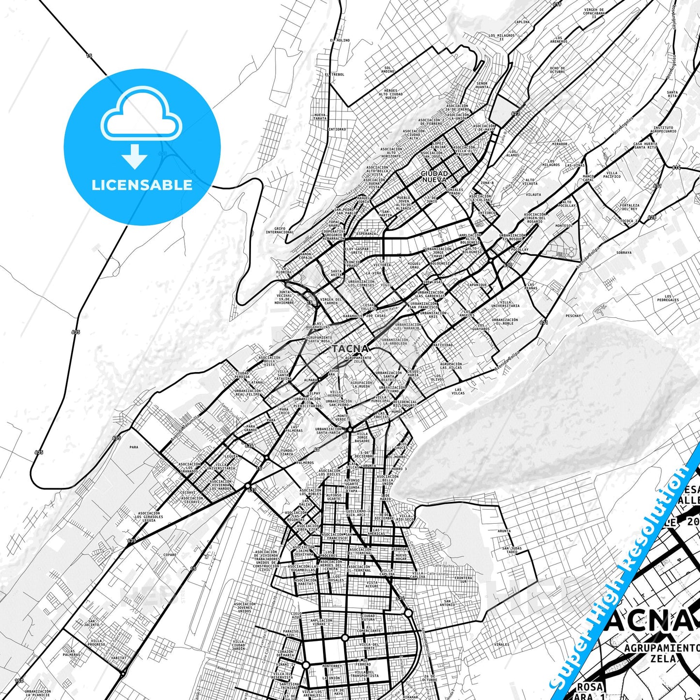Tacna, Peru Light Map with Street Names, City Names, and Districts