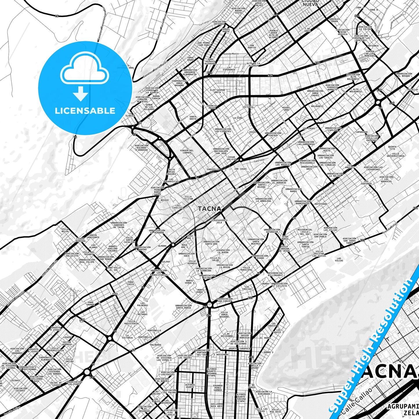 Tacna, Peru Light Map with Street Names, City Names, and Districts