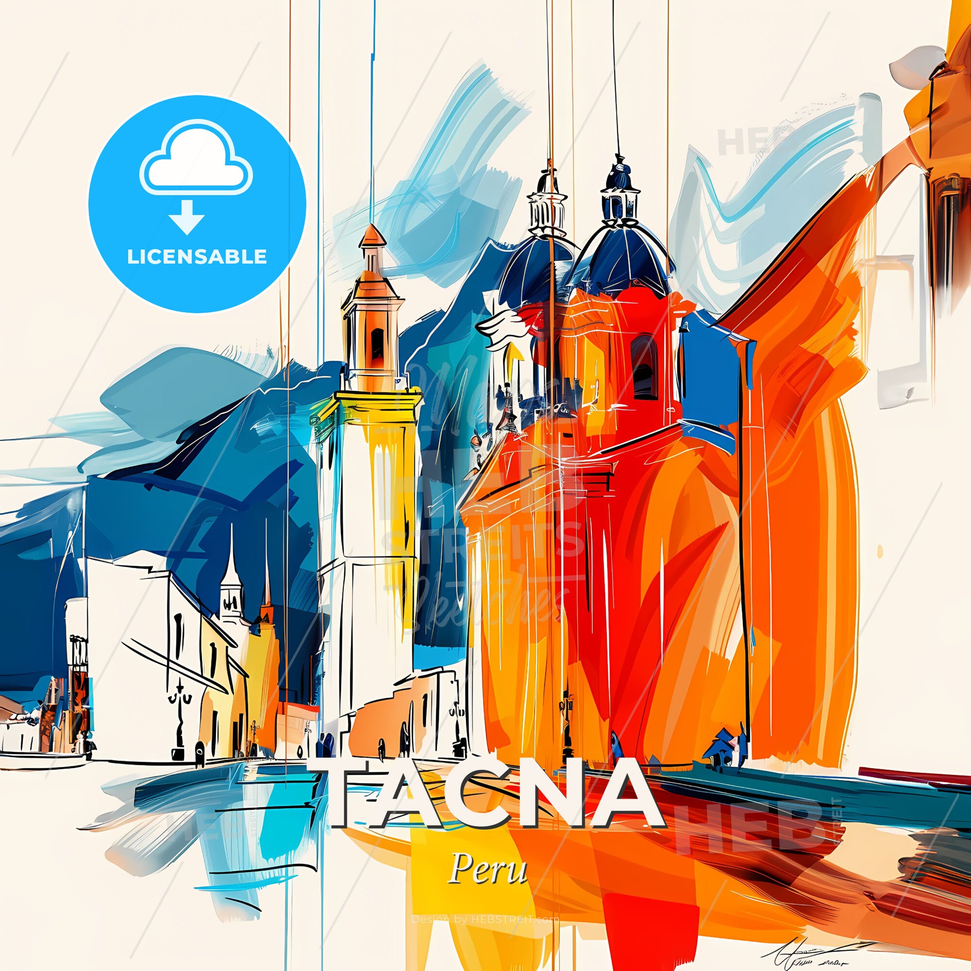 Vibrant Tacna, Peru - A Painting Of A Building With Towers - Square format print template