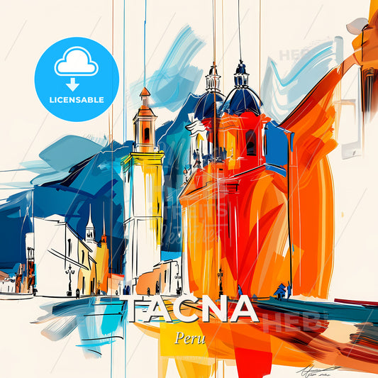 Vibrant Tacna, Peru - A Painting Of A Building With Towers - Square format print template