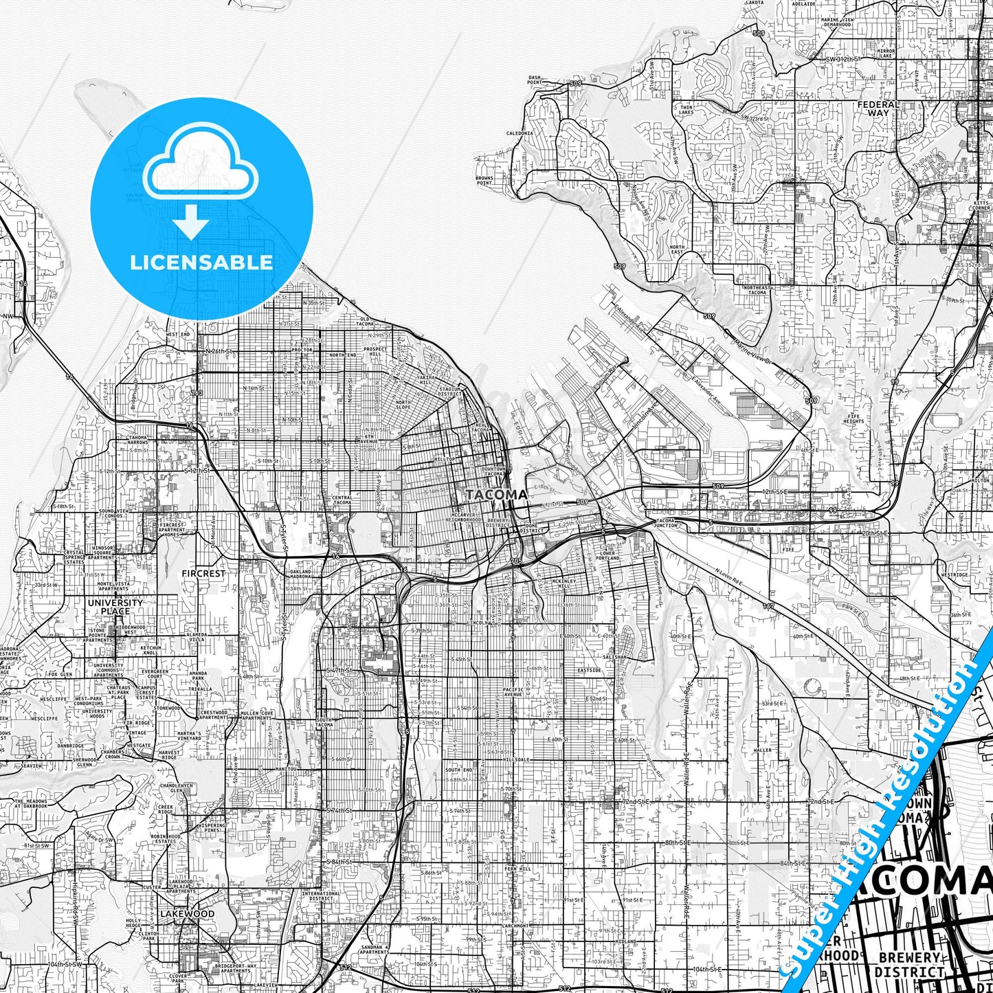 Tacoma, Washington light map with streetnames, citynames and districts