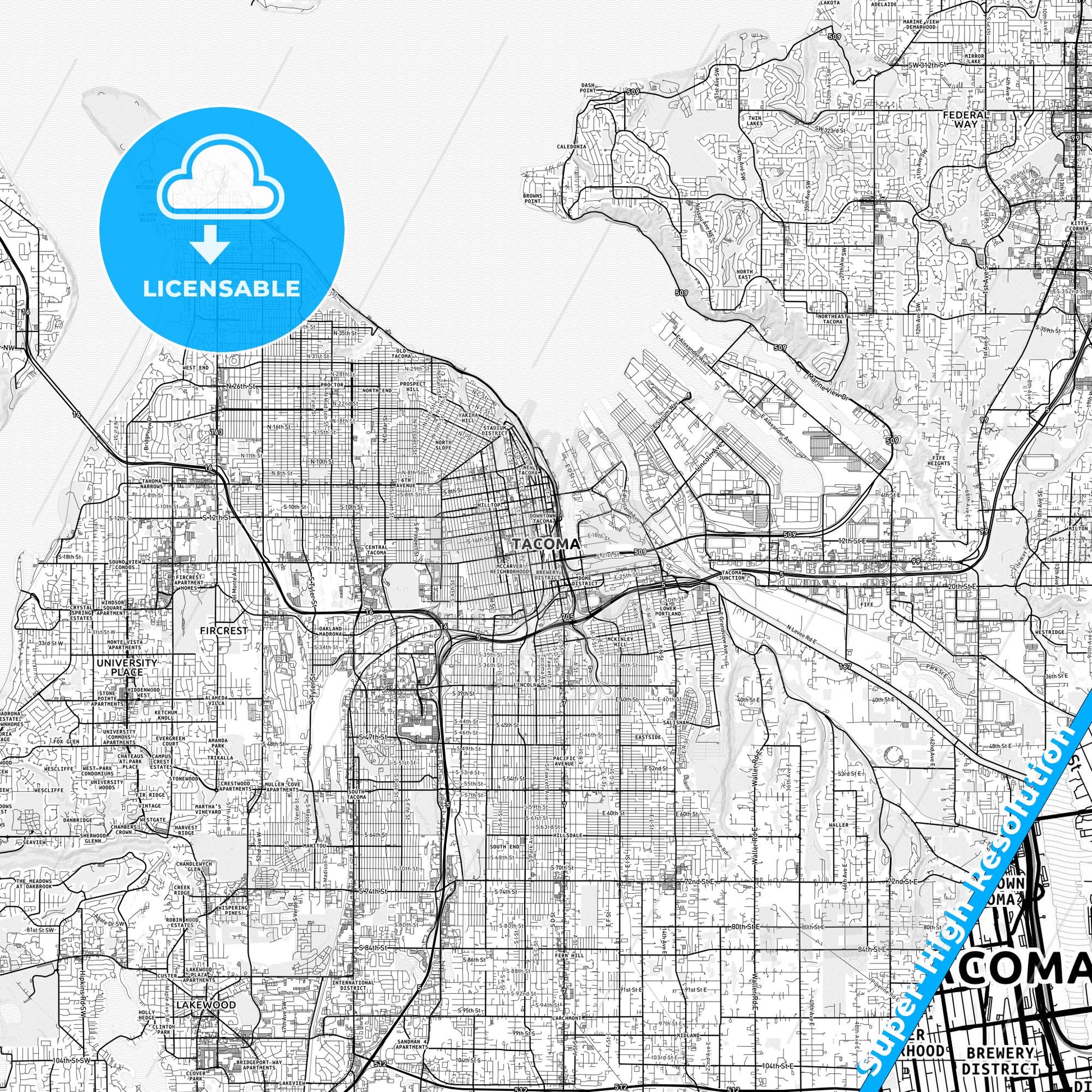 Tacoma, Washington light map with streetnames, citynames and districts