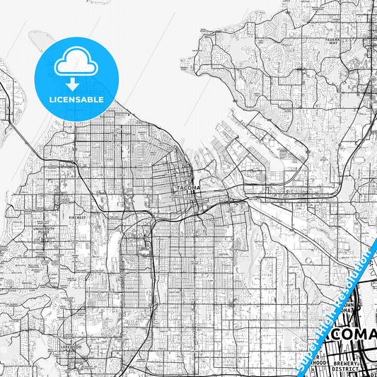 Tacoma, Washington light map with streetnames, citynames and districts