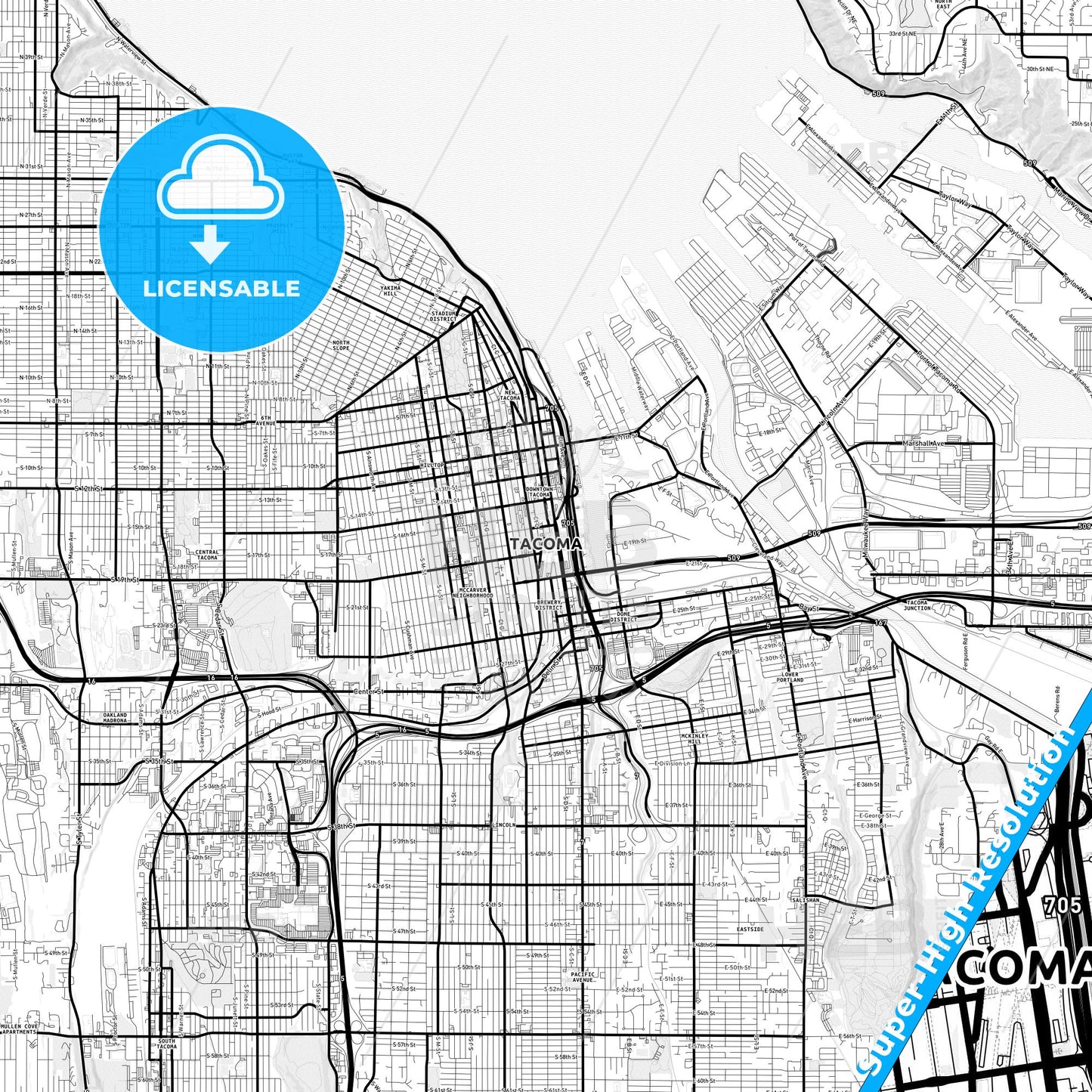 Tacoma, Washington Light Map with Street Names, City Names, and Districts