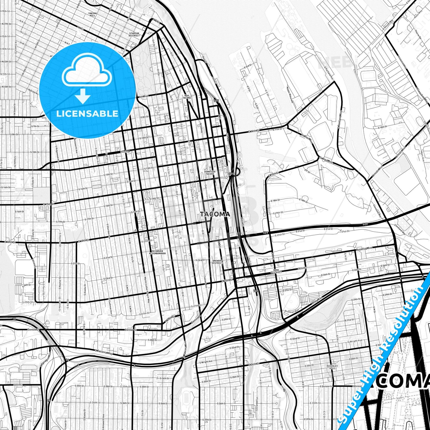 Tacoma, Washington Light Map with Street Names, City Names, and Districts