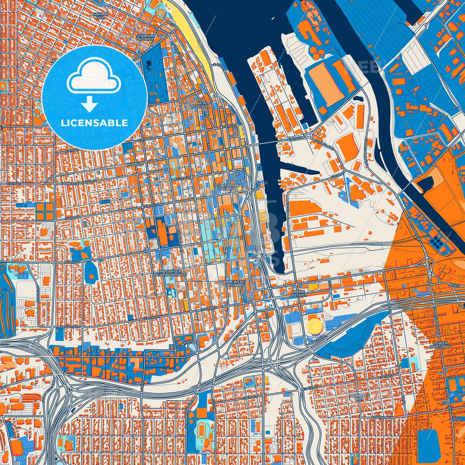 Colorful Tacoma Street Map with Labels and Buildings