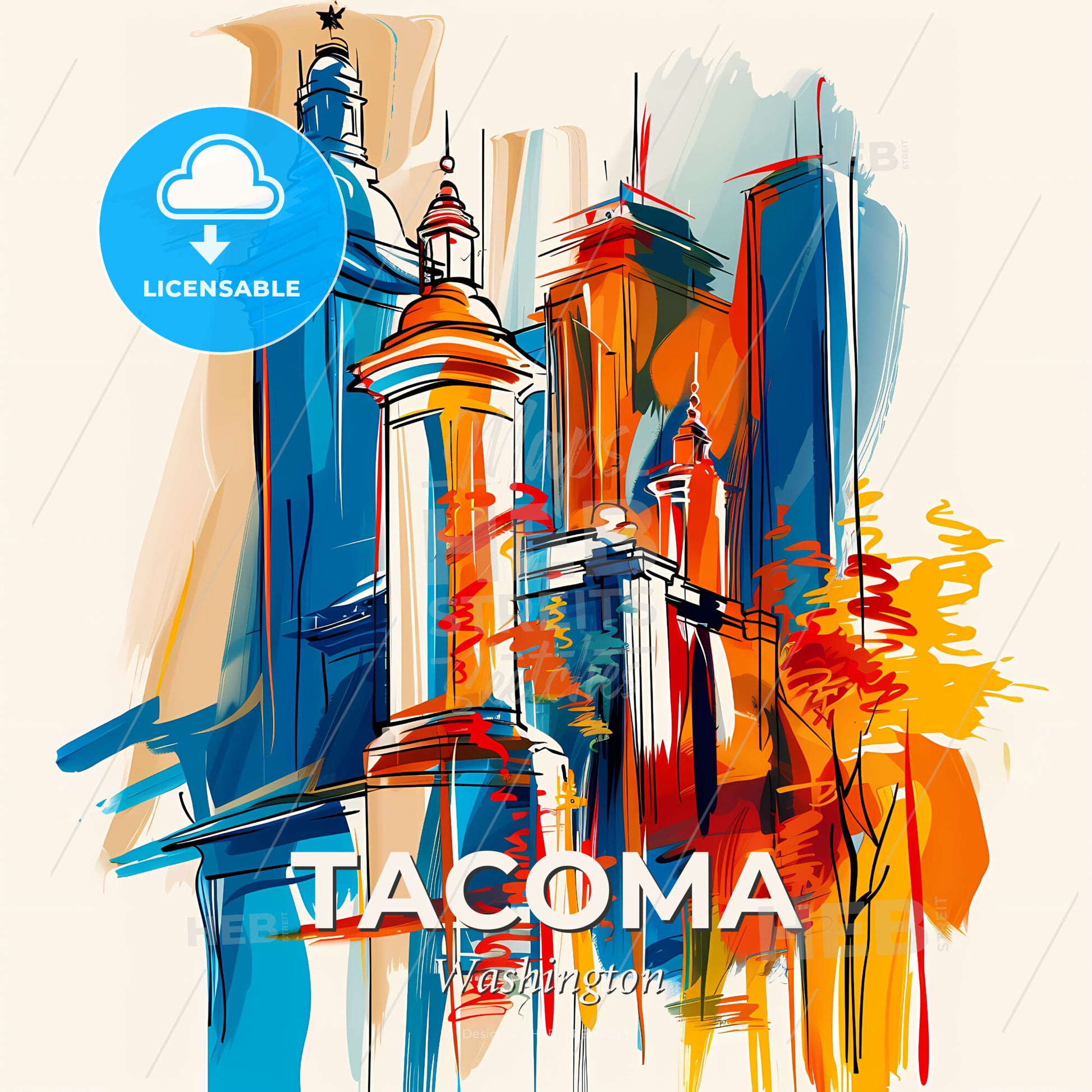 Vibrant Tacoma, Washington - A Colorful Drawing Of A City - Square format print template