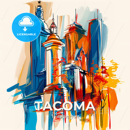 Vibrant Tacoma, Washington - A Colorful Drawing Of A City - Square format print template