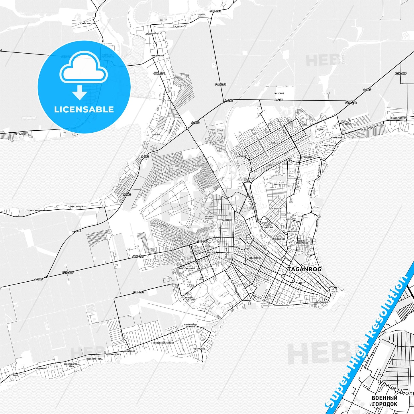 Taganrog, Russia light map with streetnames, citynames and districts