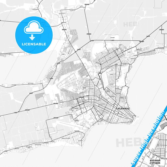 Taganrog, Russia light map with streetnames, citynames and districts