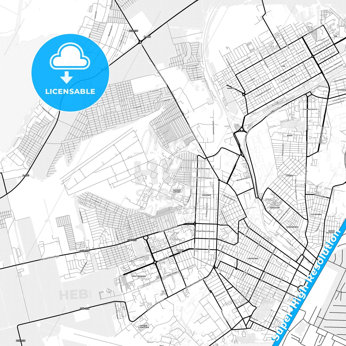Taganrog, Russia Light Map with Street Names, City Names, and Districts