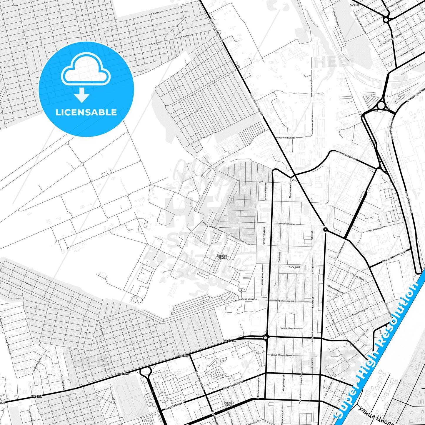 Taganrog, Russia Light Map with Street Names, City Names, and Districts
