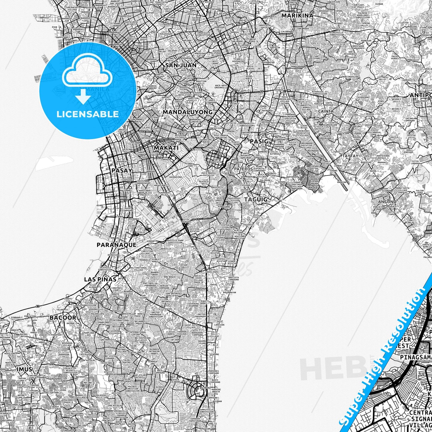 Taguig, Philippines light map with streetnames, citynames and districts