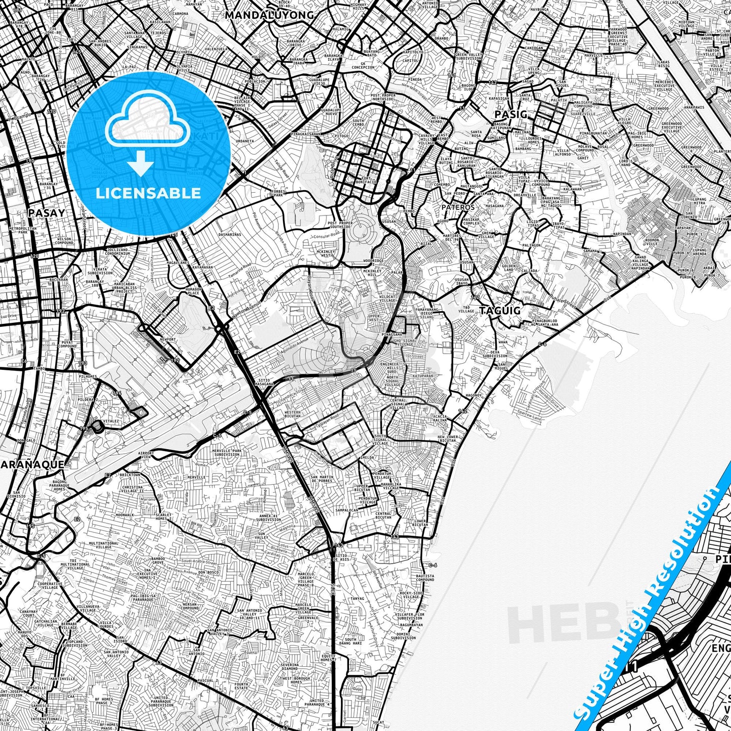 Taguig, Philippines Light Map with Street Names, City Names, and Districts